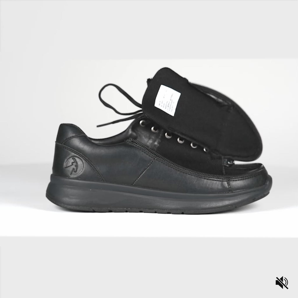Video showing black shoe opened then closed with a wraparound zipper