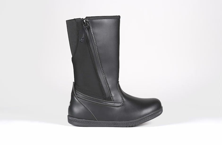 Black Rain Boots, zipper shoes, like velcro, that are adaptive, accessible, inclusive and use universal design to accommodate an afo. BILLY Footwear is medium and wide width, M, D and EEE, are comfortable, and come in toddler, kids, mens, and womens sizing.