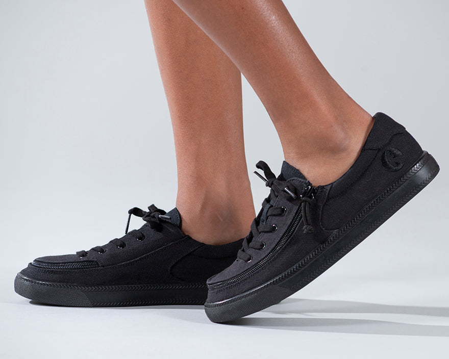 Kid's Black to the Floor Canvas BILLY Classic Lace Lows, zipper shoes, like velcro, that are adaptive, accessible, inclusive and use universal design to accommodate an afo. Footwear is medium and wide width, M, D and EEE, are comfortable, and come in toddler, kids, mens, and womens sizing.