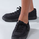 Kid's Black to the Floor Canvas BILLY Classic Lace Lows, zipper shoes, like velcro, that are adaptive, accessible, inclusive and use universal design to accommodate an afo. Footwear is medium and wide width, M, D and EEE, are comfortable, and come in toddler, kids, mens, and womens sizing.
