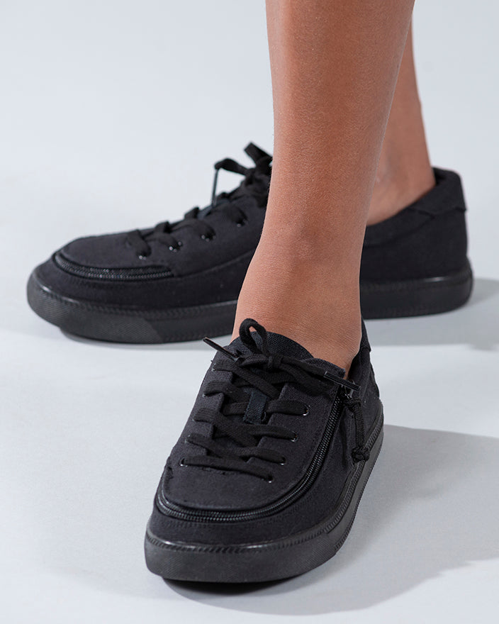 Kid's Black to the Floor Canvas BILLY Classic Lace Lows, zipper shoes, like velcro, that are adaptive, accessible, inclusive and use universal design to accommodate an afo. Footwear is medium and wide width, M, D and EEE, are comfortable, and come in toddler, kids, mens, and womens sizing.