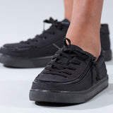 Kid's Black to the Floor Canvas BILLY Classic Lace Lows, zipper shoes, like velcro, that are adaptive, accessible, inclusive and use universal design to accommodate an afo. Footwear is medium and wide width, M, D and EEE, are comfortable, and come in toddler, kids, mens, and womens sizing.