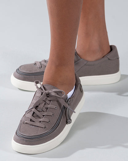 Kid's Dark Grey BILLY Classic Lace Lows, zipper shoes, like velcro, that are adaptive, accessible, inclusive and use universal design to accommodate an afo. Footwear is medium and wide width, M, D and EEE, are comfortable, and come in toddler, kids, mens, and womens sizing.