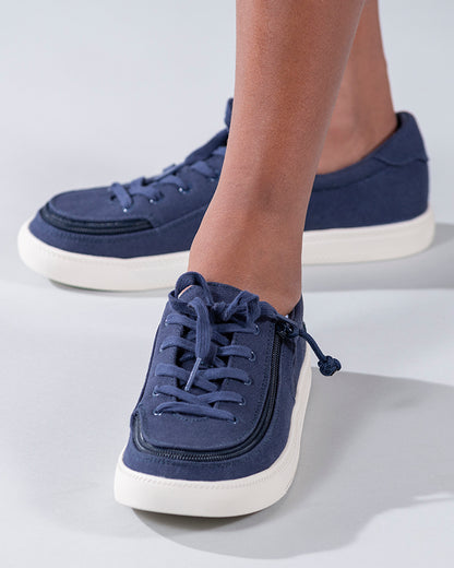 Kid's Navy BILLY Sustainable Lace Lows, zipper shoes, like velcro, that are adaptive, accessible, inclusive and use universal design to accommodate an afo. BILLY Footwear has medium and wide width, M, D and EEE, are comfortable, and come in toddler, kids, mens, and womens sizing.