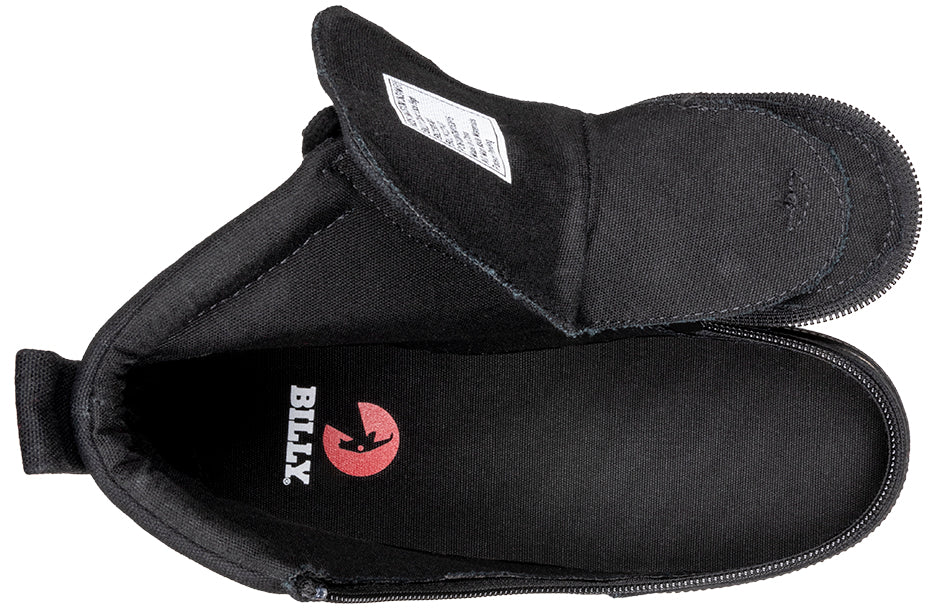 Kid's Black to the Floor BILLY Classic Lace Highs, zipper shoes, like velcro, that are adaptive, accessible, inclusive and use universal design to accommodate an afo. BILLY Footwear has medium and wide width, M, D and EEE, are comfortable, and come in toddler, kids, mens, and womens sizing.