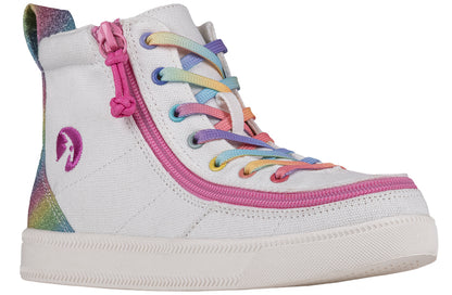 Kid's Rainbow BILLY Classic Lace Highs, zipper shoes, like velcro, that are adaptive, accessible, inclusive and use universal design to accommodate an afo. BILLY Footwear comes in medium and wide width, M, D and EEE, are comfortable, and come in toddler, kids, mens, and womens sizing.