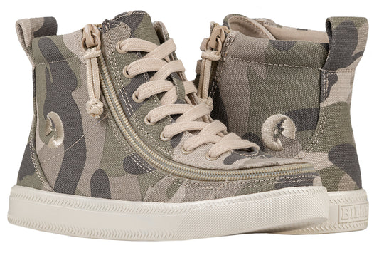 Kid's Natural Camo BILLY Classic Lace Highs, zipper shoes, like velcro, that are adaptive, accessible, inclusive and use universal design to accommodate an afo. Footwear is medium and wide width, M, D and EEE, are comfortable, and come in toddler, kids, mens, and womens sizing.