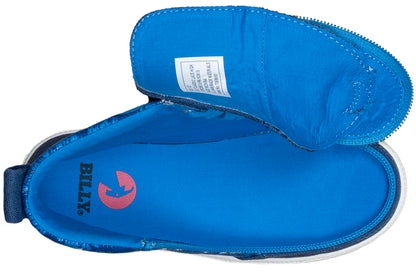 Kid's Blue Sharks BILLY Classic Lace Highs, zipper shoes, like velcro, that are adaptive, accessible, inclusive and use universal design to accommodate an afo. BILLY Footwear is medium and wide width, M, D and EEE, are comfortable, and come in toddler, kids, mens, and womens sizing.