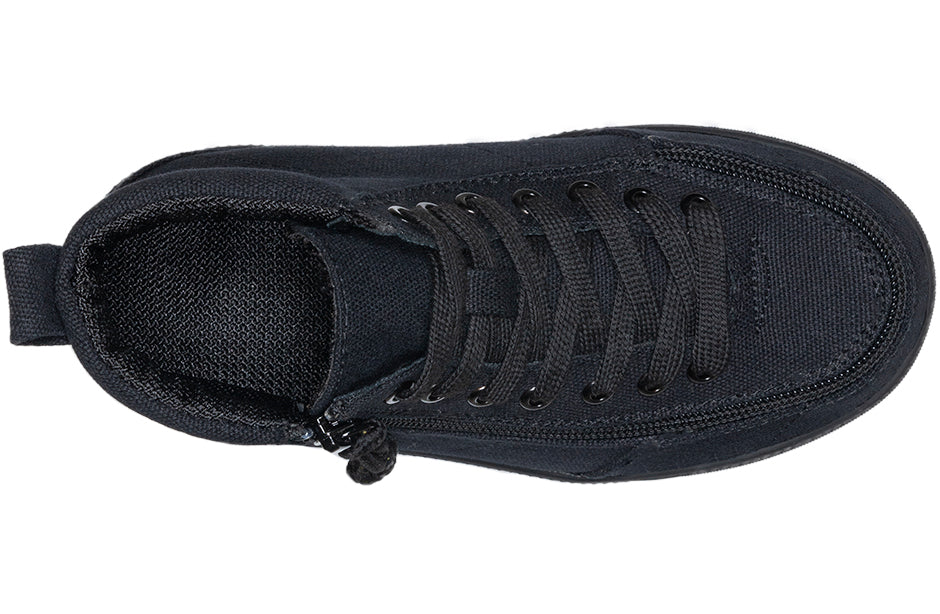 Kid's Black to the Floor BILLY Classic WDR High Tops, zipper shoes, like velcro, that are adaptive, accessible, inclusive and use universal design to accommodate an afo. BILLY Footwear is medium and wide width, M, D and EEE, are comfortable, and come in toddler, kids, mens, and womens sizing.
