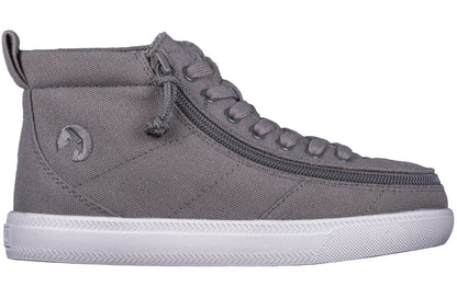 Kid's Dark Grey BILLY Classic WDR High Tops, zipper shoes, like velcro, that are adaptive, accessible, inclusive and use universal design to accommodate an afo. BILLY Footwear is medium and wide width, M, D and EEE, are comfortable, and come in toddler, kids, mens, and womens sizing.