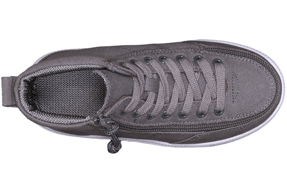 Kid's Dark Grey BILLY Classic WDR High Tops, zipper shoes, like velcro, that are adaptive, accessible, inclusive and use universal design to accommodate an afo. BILLY Footwear is medium and wide width, M, D and EEE, are comfortable, and come in toddler, kids, mens, and womens sizing.