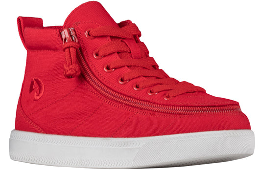 Kid's Red BILLY Classic WDR High Tops, zipper shoes, like velcro, that are adaptive, accessible, inclusive and use universal design to accommodate an afo. BILLY Footwear is medium and wide width, M, D and EEE, are comfortable, and come in toddler, kids, mens, and womens sizing.