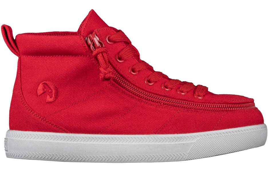 Kid's Red BILLY Classic WDR High Tops, zipper shoes, like velcro, that are adaptive, accessible, inclusive and use universal design to accommodate an afo. BILLY Footwear is medium and wide width, M, D and EEE, are comfortable, and come in toddler, kids, mens, and womens sizing.