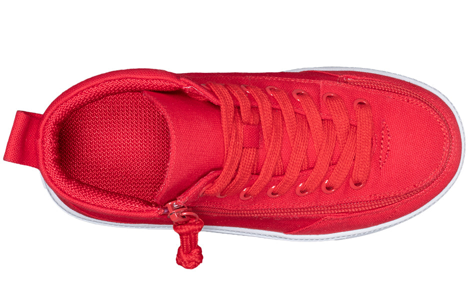 Kid's Red BILLY Classic WDR High Tops, zipper shoes, like velcro, that are adaptive, accessible, inclusive and use universal design to accommodate an afo. BILLY Footwear is medium and wide width, M, D and EEE, are comfortable, and come in toddler, kids, mens, and womens sizing.