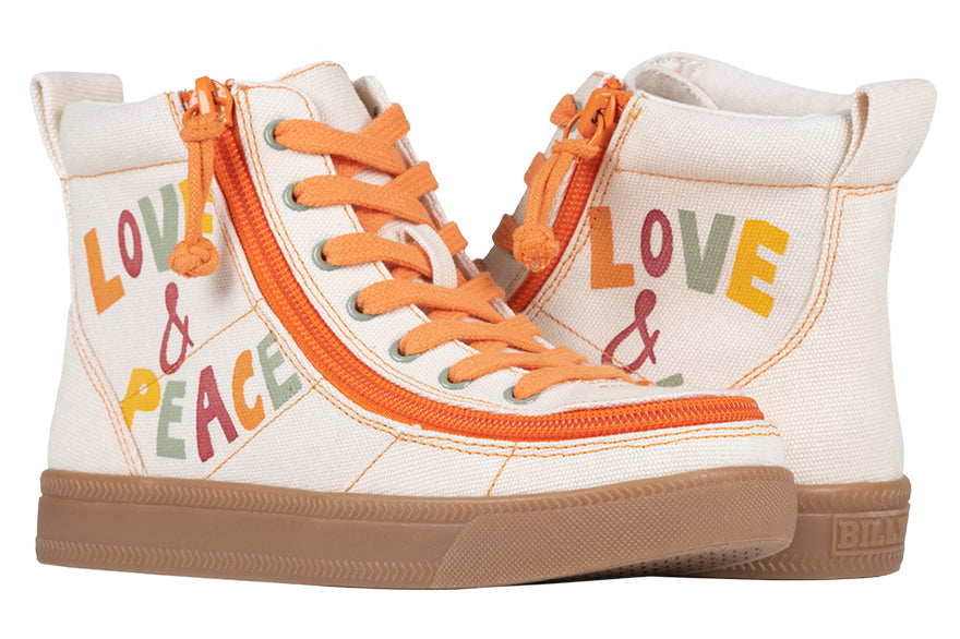 Kid's Love and Peace BILLY Classic Lace Highs, zipper shoes, like velcro, that are adaptive, accessible, inclusive and use universal design to accommodate an afo. BILLY Footwear comes in  medium and wide width, M, D and EEE, are comfortable, and come in toddler, kids, mens, and womens sizing.