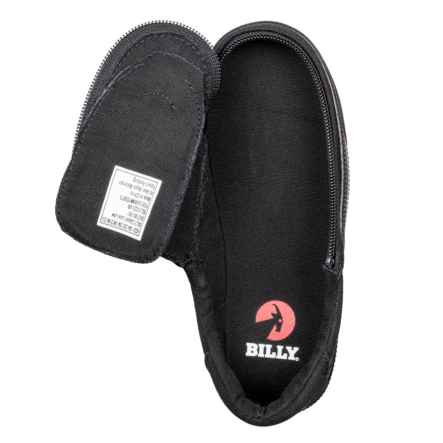 Kid's Black to the Floor Canvas BILLY Classic Lace Lows, zipper shoes, like velcro, that are adaptive, accessible, inclusive and use universal design to accommodate an afo. BILLY Footwear comes in medium and wide width, M, D and EEE, are comfortable, and come in toddler, kids, mens, and womens sizing.