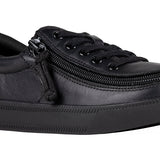 Kid's Black to the Floor Leather BILLY Classic Lace Lows, zipper shoes, like velcro, that are adaptive, accessible, inclusive and use universal design to accommodate an afo. BILLY Footwear is medium and wide width, M, D and EEE, are comfortable, and come in toddler, kids, mens, and womens sizing.