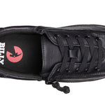 Kid's Black to the Floor Leather BILLY Classic Lace Lows, zipper shoes, like velcro, that are adaptive, accessible, inclusive and use universal design to accommodate an afo. BILLY Footwear is medium and wide width, M, D and EEE, are comfortable, and come in toddler, kids, mens, and womens sizing.