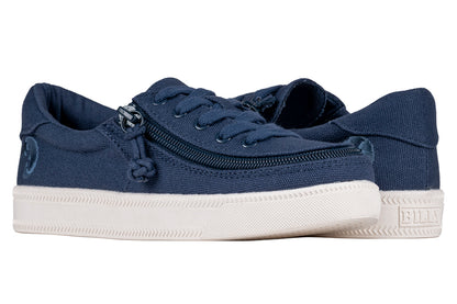 Kid's Navy BILLY Sustainable Lace Lows, zipper shoes, like velcro, that are adaptive, accessible, inclusive and use universal design to accommodate an afo. BILLY Footwear has medium and wide width, M, D and EEE, are comfortable, and come in toddler, kids, mens, and womens sizing.