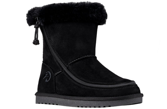 Kid's Black BILLY Cozy Boots, zipper shoes, like velcro, that are adaptive, accessible, inclusive and use universal design to accommodate an afo. BILLY Footwear is medium and wide width, M, D and EEE, are comfortable, and come in toddler, kids, mens, and womens sizing.
