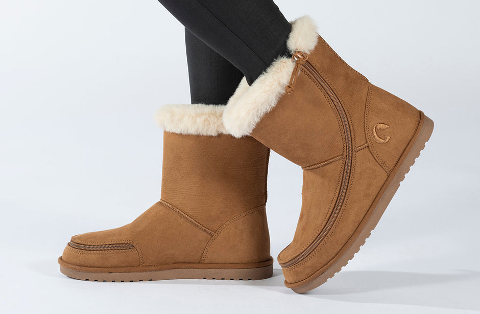 Kid's Chestnut BILLY Cozy Boots, zipper shoes, like velcro, that are adaptive, accessible, inclusive and use universal design to accommodate an afo. BILLY Footwear is medium and wide width, M, D and EEE, are comfortable, and come in toddler, kids, mens, and womens sizing.