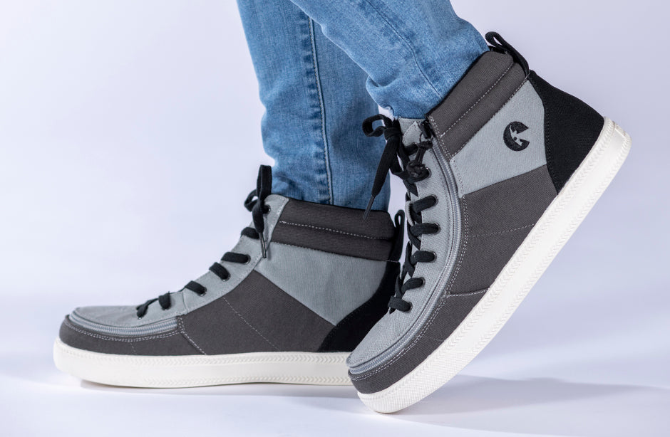 Kid's Grey Colorblock BILLY Street High Tops, zipper shoes, like velcro, that are adaptive, accessible, inclusive and use universal design to accommodate an afo. BILLY Footwear comes in medium and wide width, M, D and EEE, are comfortable, and come in toddler, kids, mens, and womens sizing.