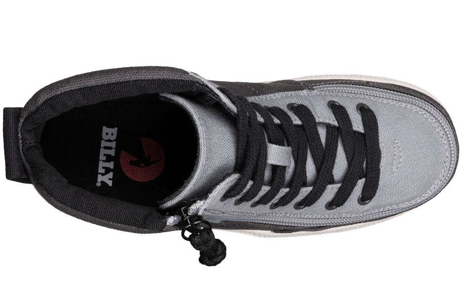 Kid's Grey Colorblock BILLY Street High Tops, zipper shoes, like velcro, that are adaptive, accessible, inclusive and use universal design to accommodate an afo. BILLY Footwear comes in medium and wide width, M, D and EEE, are comfortable, and come in toddler, kids, mens, and womens sizing.