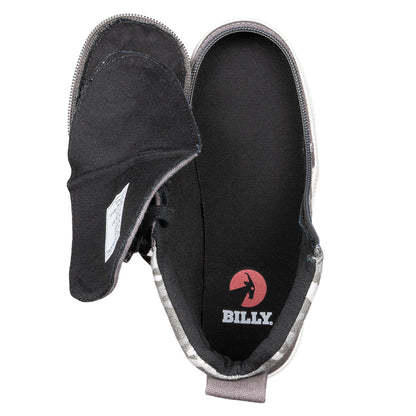Kid's Grey Camo BILLY Street High Tops, zipper shoes, like velcro, that are adaptive, accessible, inclusive and use universal design to accommodate an afo. BILLY Footwear comes in medium and wide width, M, D and EEE, are comfortable, and come in toddler, kids, mens, and womens sizing.