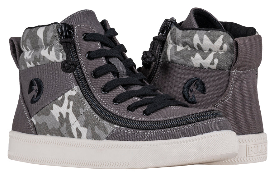 Kid's Grey Camo BILLY Street High Tops, zipper shoes, like velcro, that are adaptive, accessible, inclusive and use universal design to accommodate an afo. BILLY Footwear comes in medium and wide width, M, D and EEE, are comfortable, and come in toddler, kids, mens, and womens sizing.