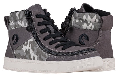 Kid's Grey Camo BILLY Street High Tops, zipper shoes, like velcro, that are adaptive, accessible, inclusive and use universal design to accommodate an afo. BILLY Footwear comes in medium and wide width, M, D and EEE, are comfortable, and come in toddler, kids, mens, and womens sizing.