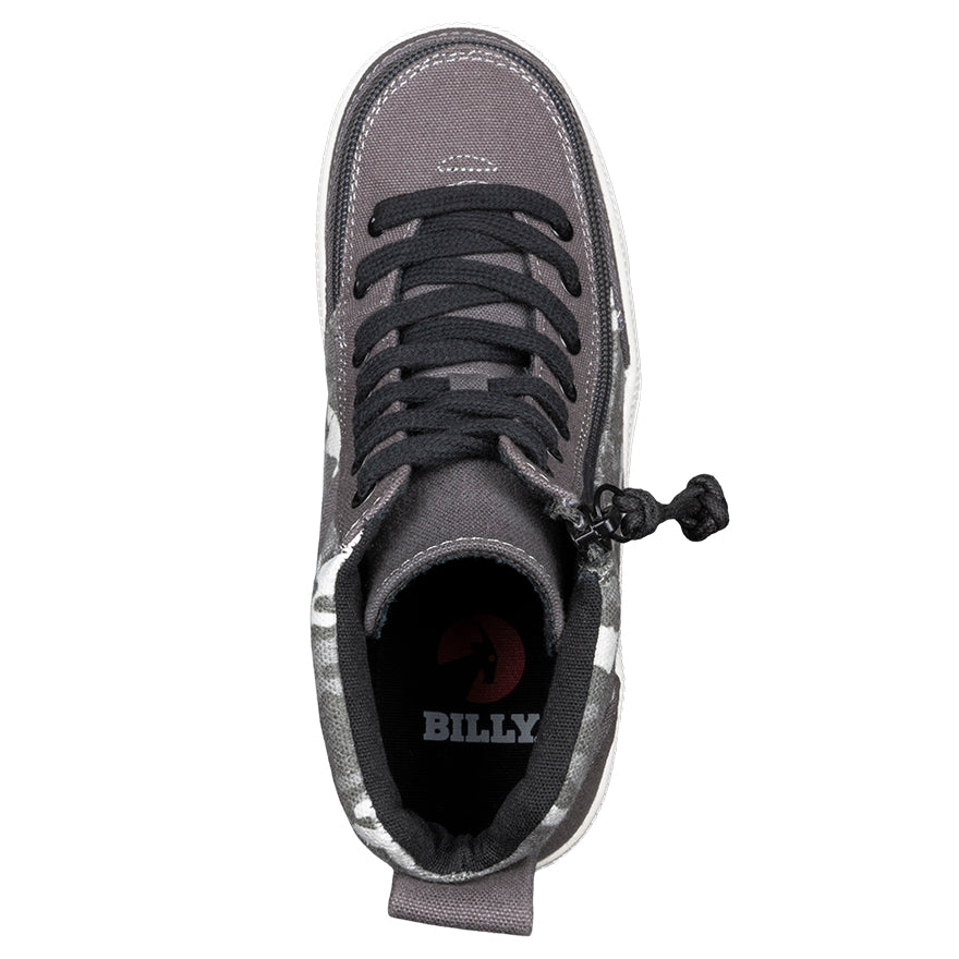 Kid's Grey Camo BILLY Street High Tops, zipper shoes, like velcro, that are adaptive, accessible, inclusive and use universal design to accommodate an afo. BILLY Footwear comes in medium and wide width, M, D and EEE, are comfortable, and come in toddler, kids, mens, and womens sizing.