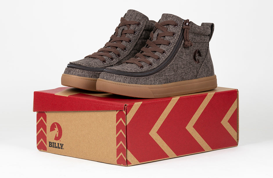 Kid's Brown Jersey BILLY Street High Tops, zipper shoes, like velcro, that are adaptive, accessible, inclusive and use universal design to accommodate an afo. BILLY Footwear comes in medium and wide width, M, D and EEE, are comfortable, and come in toddler, kids, mens, and womens sizing.