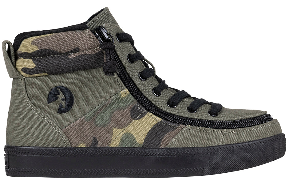 Kid's Olive Camo BILLY Street High Tops, zipper shoes, like velcro, that are adaptive, accessible, inclusive and use universal design to accommodate an afo. BILLY Footwear comes in medium and wide width, M, D and EEE, are comfortable, and come in toddler, kids, mens, and womens sizing.