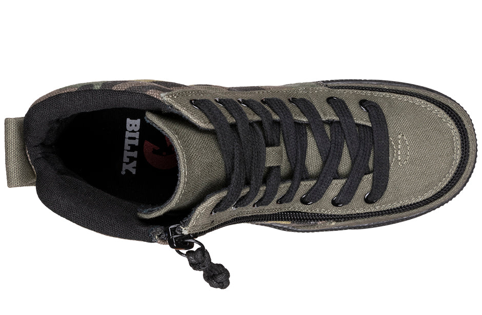 Kid's Olive Camo BILLY Street High Tops, zipper shoes, like velcro, that are adaptive, accessible, inclusive and use universal design to accommodate an afo. BILLY Footwear comes in medium and wide width, M, D and EEE, are comfortable, and come in toddler, kids, mens, and womens sizing.