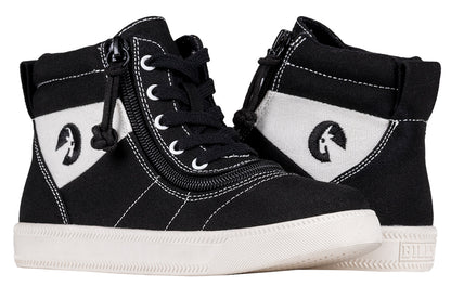 Kid's Black BILLY Street  Short Wrap High Tops, zipper shoes, like velcro, that are adaptive, accessible, inclusive and use universal design to accommodate an afo. BILLY Footwear comes in medium and wide width, M, D and EEE, are comfortable, and come in toddler, kids, mens, and womens sizing.