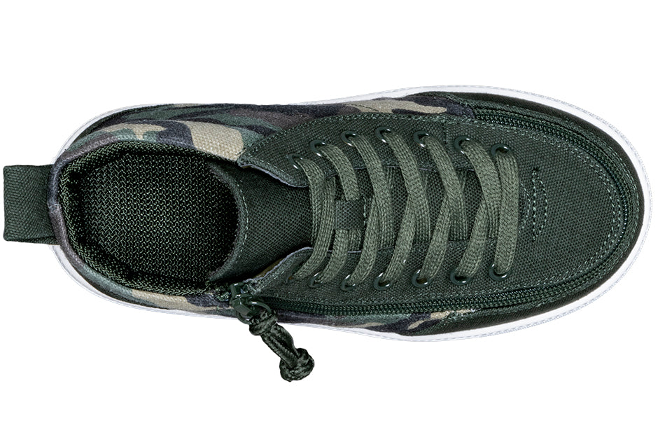 Kid's Olive Camo BILLY Classic WDR High Tops, zipper shoes, like velcro, that are adaptive, accessible, inclusive and use universal design to accommodate an afo. BILLY Footwear is medium and wide width, M, D and EEE, are comfortable, and come in toddler, kids, mens, and womens sizing.