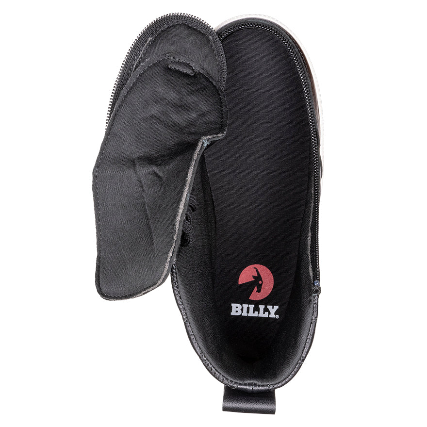 Kid's Black Leather BILLY Quilt High Tops, zipper shoes, like velcro, that are adaptive, accessible, inclusive and use universal design to accommodate an afo. BILLY Footwear is medium and wide width, M, D and EEE, are comfortable, and come in toddler, kids, mens, and womens sizing.