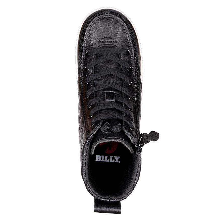 Kid's Black Leather BILLY Quilt High Tops, zipper shoes, like velcro, that are adaptive, accessible, inclusive and use universal design to accommodate an afo. BILLY Footwear is medium and wide width, M, D and EEE, are comfortable, and come in toddler, kids, mens, and womens sizing.