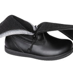 Black Rain Boots, zipper shoes, like velcro, that are adaptive, accessible, inclusive and use universal design to accommodate an afo. BILLY Footwear is medium and wide width, M, D and EEE, are comfortable, and come in toddler, kids, mens, and womens sizing.