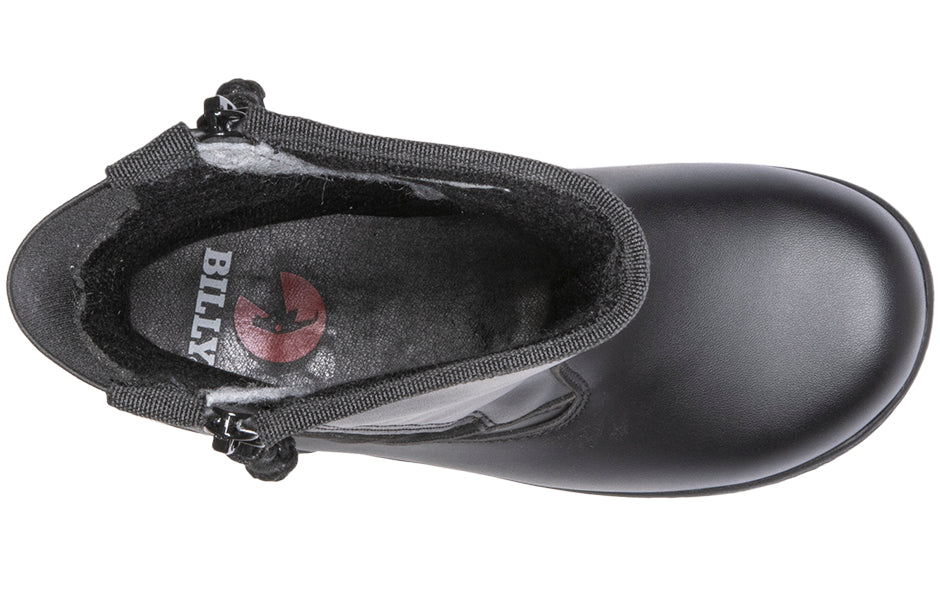Black Rain Boots, zipper shoes, like velcro, that are adaptive, accessible, inclusive and use universal design to accommodate an afo. BILLY Footwear is medium and wide width, M, D and EEE, are comfortable, and come in toddler, kids, mens, and womens sizing.