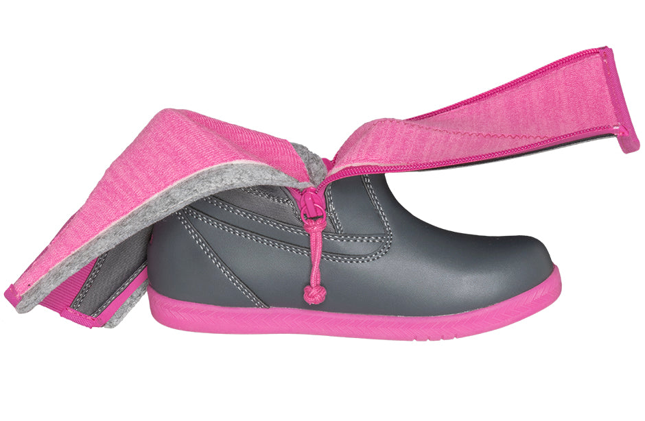 Grey Rain Boots, zipper shoes, like velcro, that are adaptive, accessible, inclusive and use universal design to accommodate an afo. BILLY Footwear is medium and wide width, M, D and EEE, are comfortable, and come in toddler, kids, mens, and womens sizing.