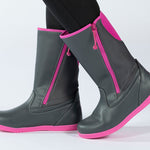 Grey Rain Boots, zipper shoes, like velcro, that are adaptive, accessible, inclusive and use universal design to accommodate an afo. BILLY Footwear is medium and wide width, M, D and EEE, are comfortable, and come in toddler, kids, mens, and womens sizing.
