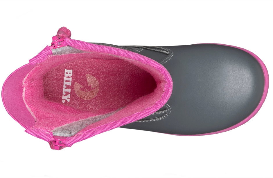 Grey Rain Boots, zipper shoes, like velcro, that are adaptive, accessible, inclusive and use universal design to accommodate an afo. BILLY Footwear is medium and wide width, M, D and EEE, are comfortable, and come in toddler, kids, mens, and womens sizing.