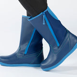 Navy Rain Boots, zipper shoes, like velcro, that are adaptive, accessible, inclusive and use universal design to accommodate an afo. BILLY Footwear is medium and wide width, M, D and EEE, are comfortable, and come in toddler, kids, mens, and womens sizing.