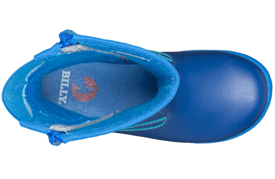 Navy Rain Boots, zipper shoes, like velcro, that are adaptive, accessible, inclusive and use universal design to accommodate an afo. BILLY Footwear is medium and wide width, M, D and EEE, are comfortable, and come in toddler, kids, mens, and womens sizing.