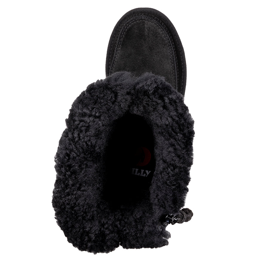 Top view of Black BILLY Cozy Quilt Lux Boots, zipper shoes, like velcro, that are adaptive, accessible, inclusive and use universal design to accommodate an afo. BILLY Footwear is medium and wide width, M, D and EEE, are comfortable, and come in toddler, kids, mens, and womens sizing.