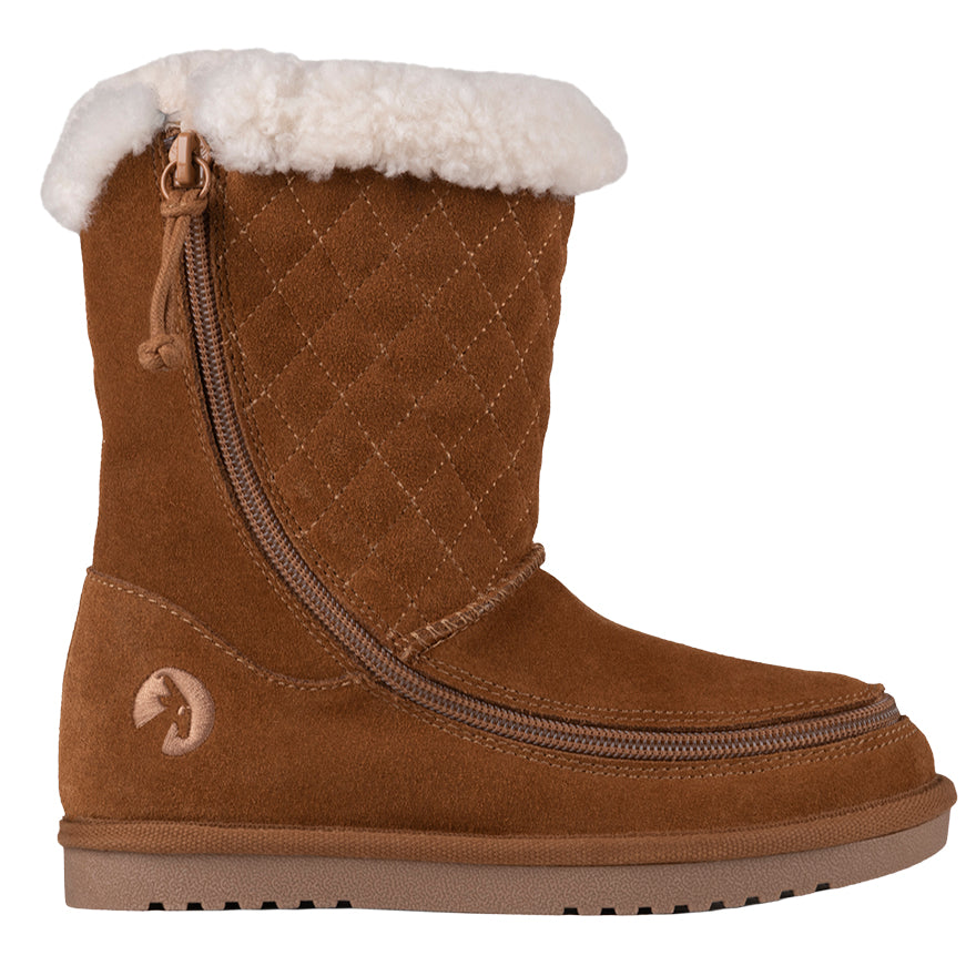 Kid's Chestnut BILLY Cozy Quilt Lux Boots, zipper shoes, like velcro, that are adaptive, accessible, inclusive and use universal design to accommodate an afo. BILLY Footwear is medium and wide width, M, D and EEE, are comfortable, and come in toddler, kids, mens, and womens sizing.