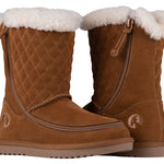 Side by side of Kid's Chestnut BILLY Cozy Quilt Lux Boots, zipper shoes, like velcro, that are adaptive, accessible, inclusive and use universal design to accommodate an afo. BILLY Footwear is medium and wide width, M, D and EEE, are comfortable, and come in toddler, kids, mens, and womens sizing.