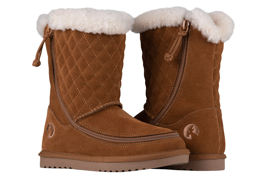 Side by side of Kid's Chestnut BILLY Cozy Quilt Lux Boots, zipper shoes, like velcro, that are adaptive, accessible, inclusive and use universal design to accommodate an afo. BILLY Footwear is medium and wide width, M, D and EEE, are comfortable, and come in toddler, kids, mens, and womens sizing.