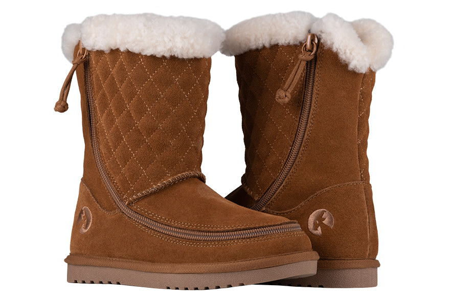 Kid's Chestnut BILLY Cozy Quilt Lux Boots, zipper shoes, like velcro, that are adaptive, accessible, inclusive and use universal design to accommodate an afo. BILLY Footwear is medium and wide width, M, D and EEE, are comfortable, and come in toddler, kids, mens, and womens sizing.
